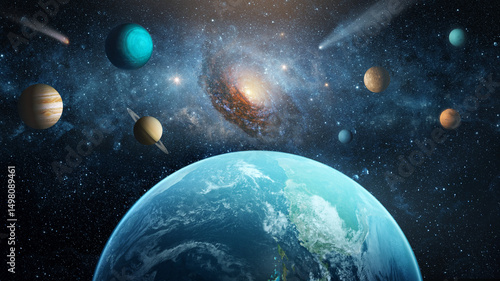 Fototapeta Naklejka Na Ścianę i Meble -    View of the Earth, star, galaxy and solar system. planets.  Elements of this image furnished by NASA.