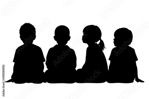 Hyper Realistic Detailed Silhouette of a Group of Children Sitting in Meditation Pose, Shiny Black with Intricate Details, High Contrast and Dramatic Lighting Creating Powerful Visual Impact