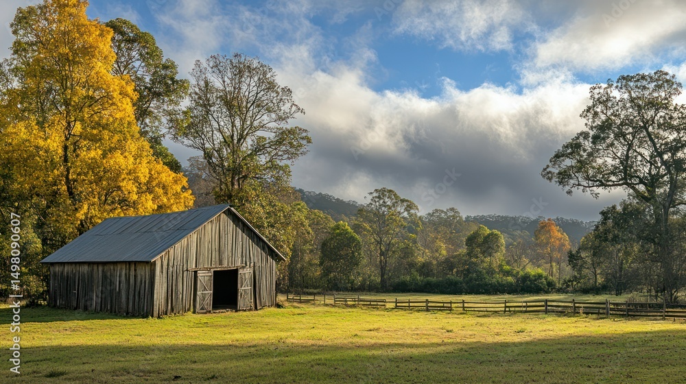 Obraz premium Old wooden barn sits on a green field surrounded by trees and a cloudy sky.