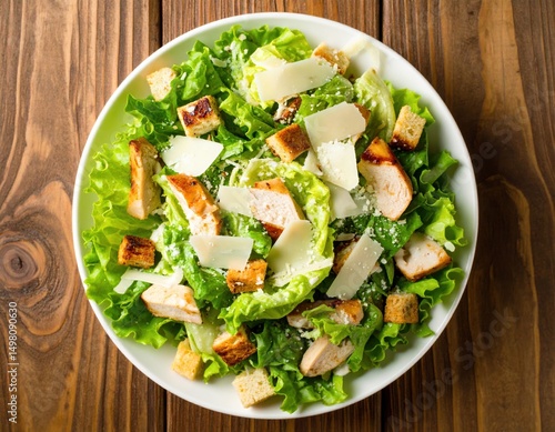 Top-down photo of Caesar salad, homemade salad, delicious salad
