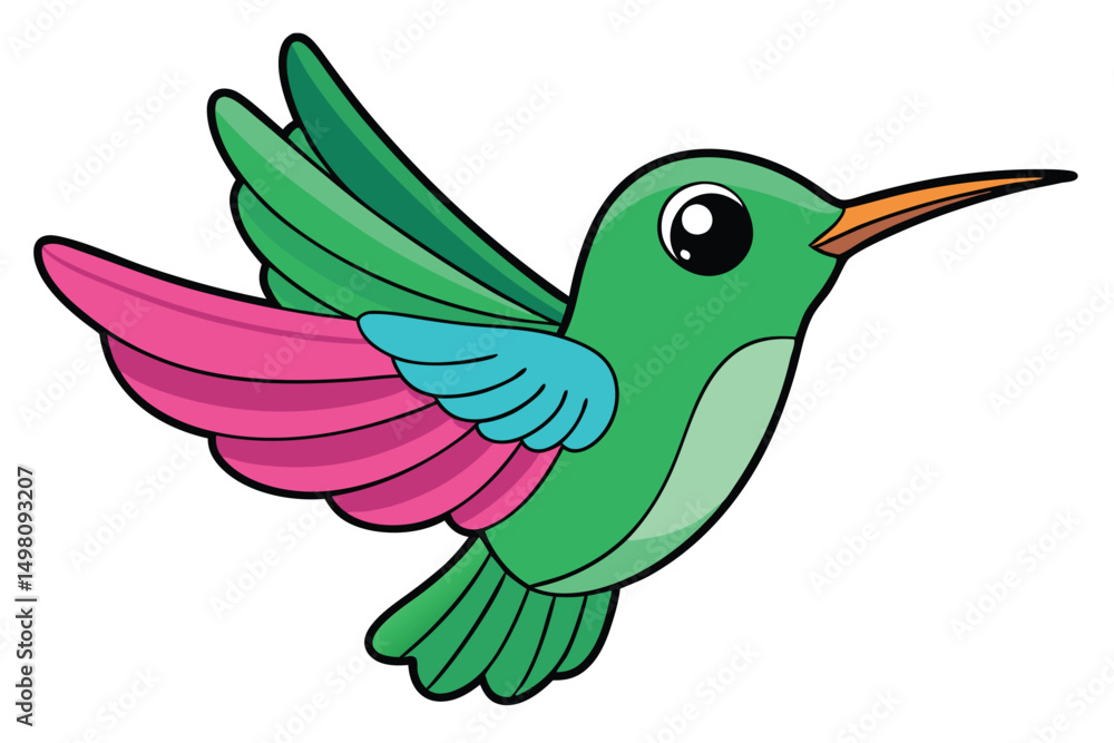 Cartoon Hummingbird with Green Body, Pink and Blue Wings in Flight Graphic Cartoon Hummingbird with Green Body, Pink and Blue Wings in Flight Graphic
