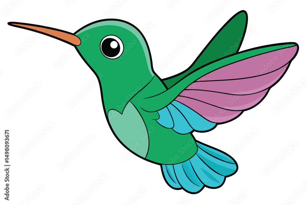 Obraz premium Cartoon Illustration of a Vibrant Emerald and Pink Hummingbird in Flight