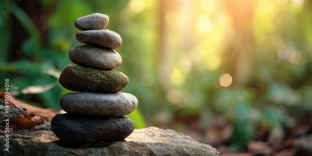 Obraz premium Zen Stone Stack in Sunlit Forest for Meditation and Relaxation