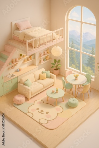 Cute Pastel Loft Interior with Playful Decor and Mountain View