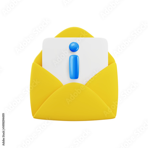 Vector cartoon 3d Information Email icon. 3d render open yellow envelope with blue info sign. Letter with FAQ Document, important information notification, support help mail concept for app, ui, game.