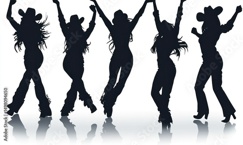 Five silhouetted cowgirls joyfully dancing, celebrating