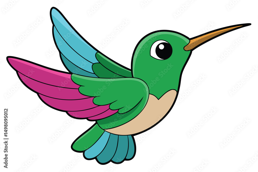 Fototapeta premium Cartoon Hummingbird Illustration Featuring Vibrant Blue, Green, and Pink Plumage in Flight