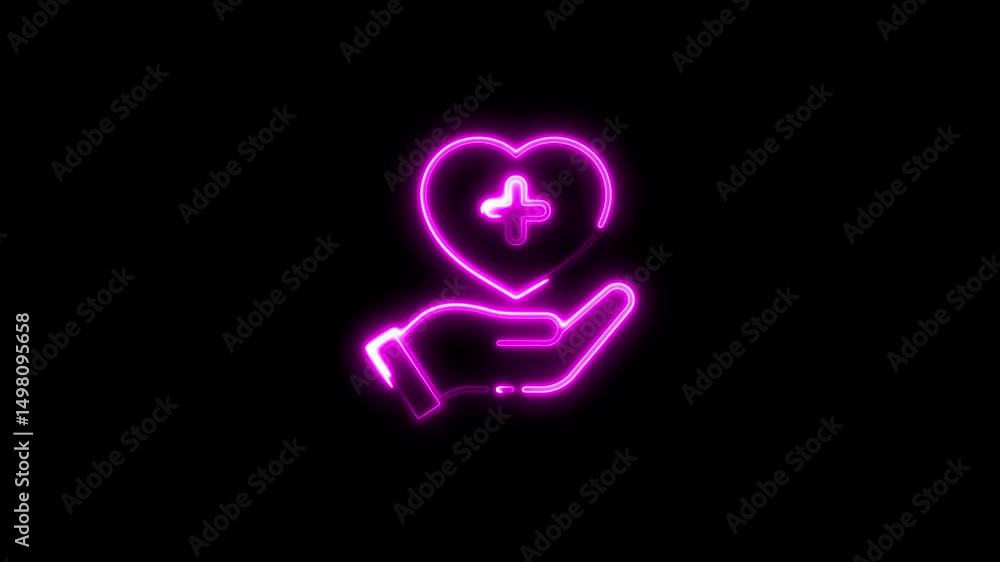 Glowing neon heart with cross symbol held by hand on black background Glowing neon heart with cross symbol held by hand on black background