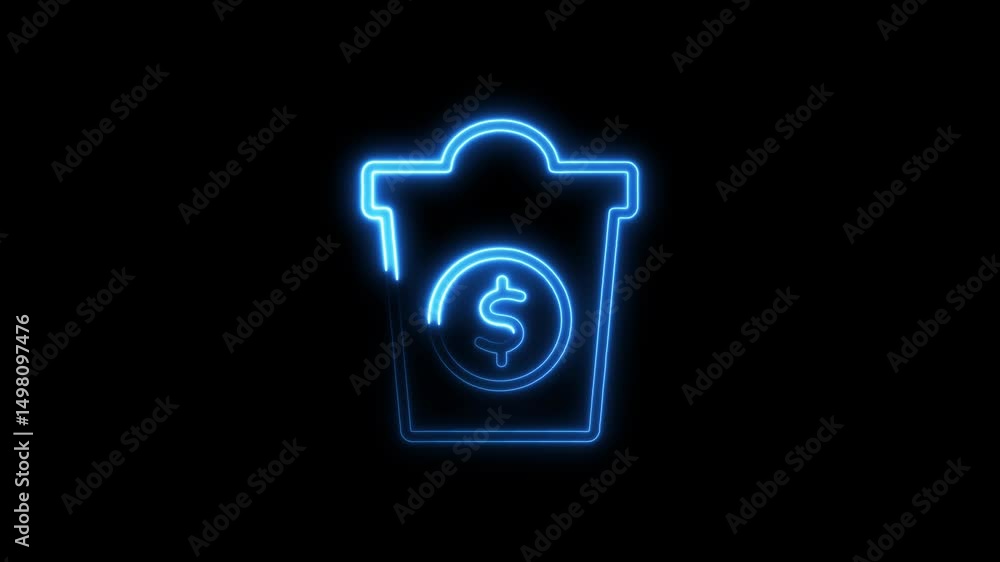 Glowing neon animation of a dollar symbol inside a trash can on black background Glowing neon animation of a dollar symbol inside a trash can on black background