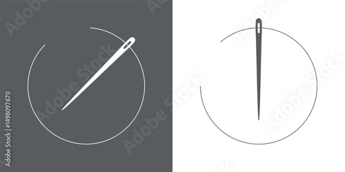 Sewing needle and thread icon. Attribute of tailor, needlework or seamstress. Symbol of sewing, fabric or factory.
