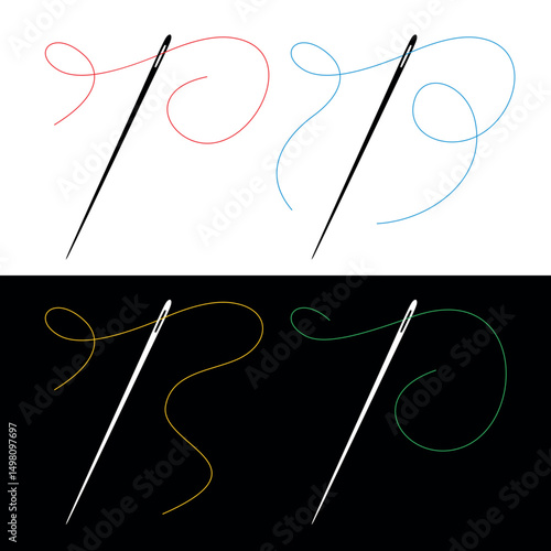 Sewing needle and thread icon. Attribute of tailor, needlework or seamstress. Symbol of sewing, fabric or factory.