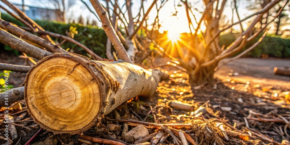 Obraz premium A Fallen Tree Trunk Reveals its Innermost Rings, Bathed in the Warm Glow of the Setting Sun