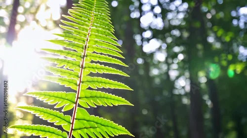 Sunlight streams through fern fronds in a lush forest, highlighting details and creating lens flare, with bokeh in the background.
