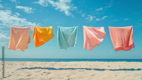 Pastel beach towels hanging on line above sandy shore under sunny sky by ocean