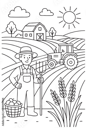 Agriculture-themed coloring page with farmers, fields, tractor, and harvest elements. Black and white outline illustration for kids and educational use.