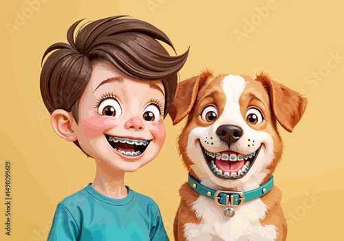 Child with braces smiling alongside happy dog against yellow background  