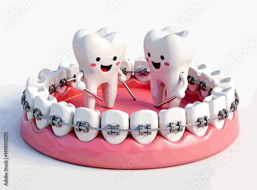 Cartoon teeth with braces playing in a dental model scene  