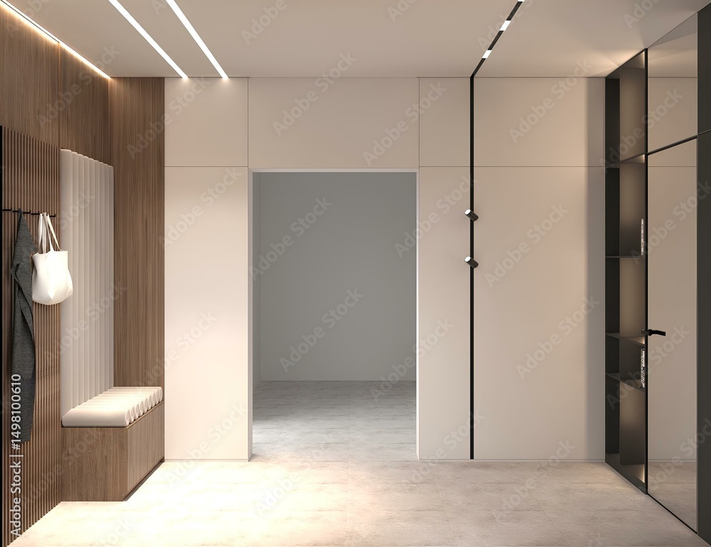 A sleek and modern hallway interior with clean lines, wood accents, soft lighting, a cozy bench, and a mirror cabinet. Minimalist yet welcoming design for a stylish entryway A sleek and modern hallway interior with clean lines, wood accents, soft lighting, a cozy bench, and a mirror cabinet. Minimalist yet welcoming design for a stylish entryway