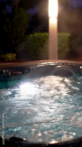 Steaming Hot Tub Bubbling Water at Night Outdoor Spa Illumination