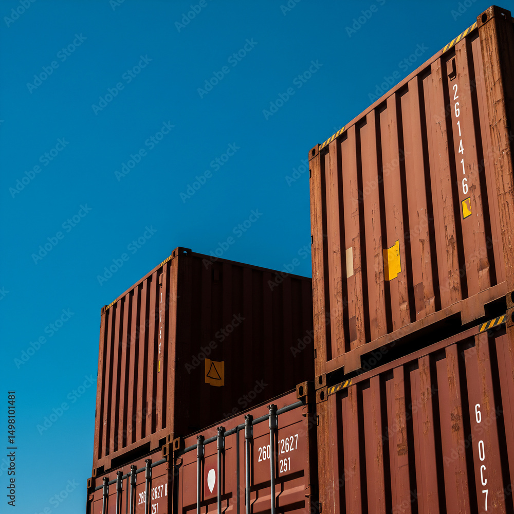 Fototapeta premium Stacked Shipping Containers Against Clear Blue Sky