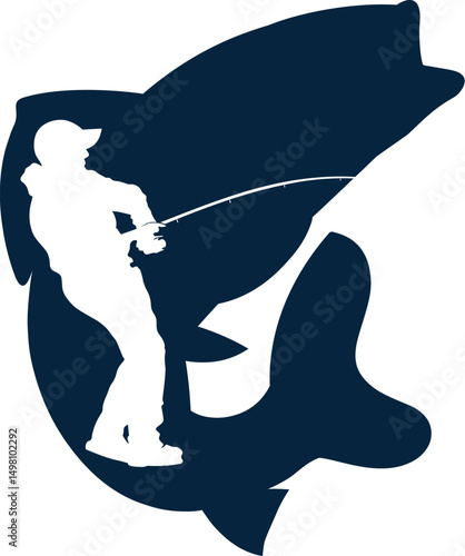 Fisherman with a fishing rod on the background of fish, design for fishing