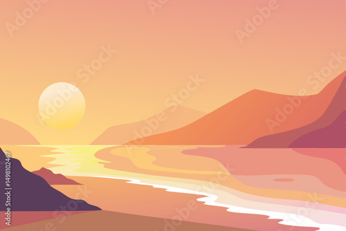 Sunset nature landscape over the sea with orange clouds and mountains, or a tranquil desert dawn silhouette