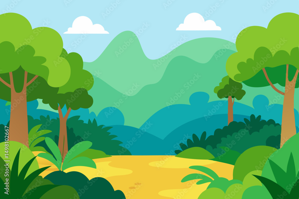 Fototapeta premium A vibrant summer nature landscape with green trees, hills, and mountains under a clear sky