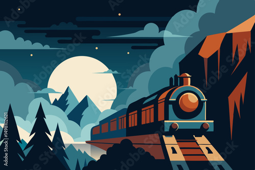 Night train speeding through a winter mountain town, houses lit under a dark, starry sky illustration