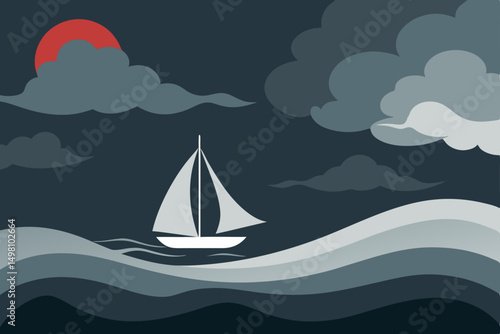 Yacht and sailing boat on the blue ocean waves with summer sky and mountains, vector travel illustration