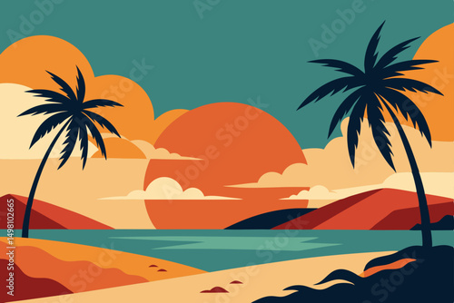 Tropical palm trees silhouetted against a vibrant sunset over the ocean with sandy beach and sky for a perfect vacation landscape
