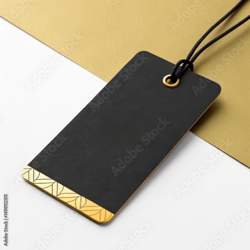 Elegant black tag with embossed gold pattern on a stylish background for luxury fashion branding concept
