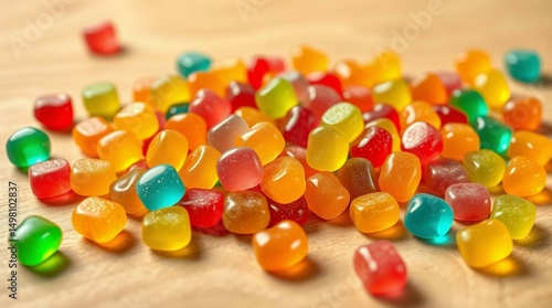 Colorful gummy candies scattered on a wooden surface, vibrant lighting, close-up, soft shadows, stock photo style, no background isolation, candy variety and texture clearly visible.