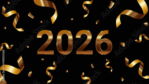 Banner with 3d realistic confetti from party poppers, flying gold ribbon, serpentine streamers on black background, fireworks for new year celebration with empty space. Golden 2026 Vector EPS10