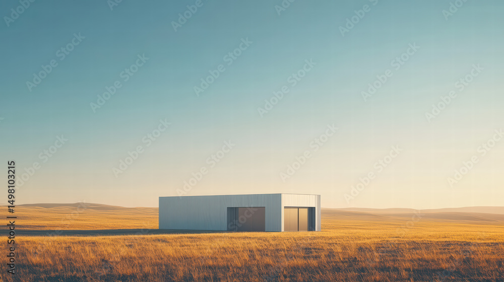 Obraz premium Minimalist Solitude: An architectural marvel, a modern building stands alone in a vast, tranquil landscape of gentle, rolling hills under an expansive blue sky.