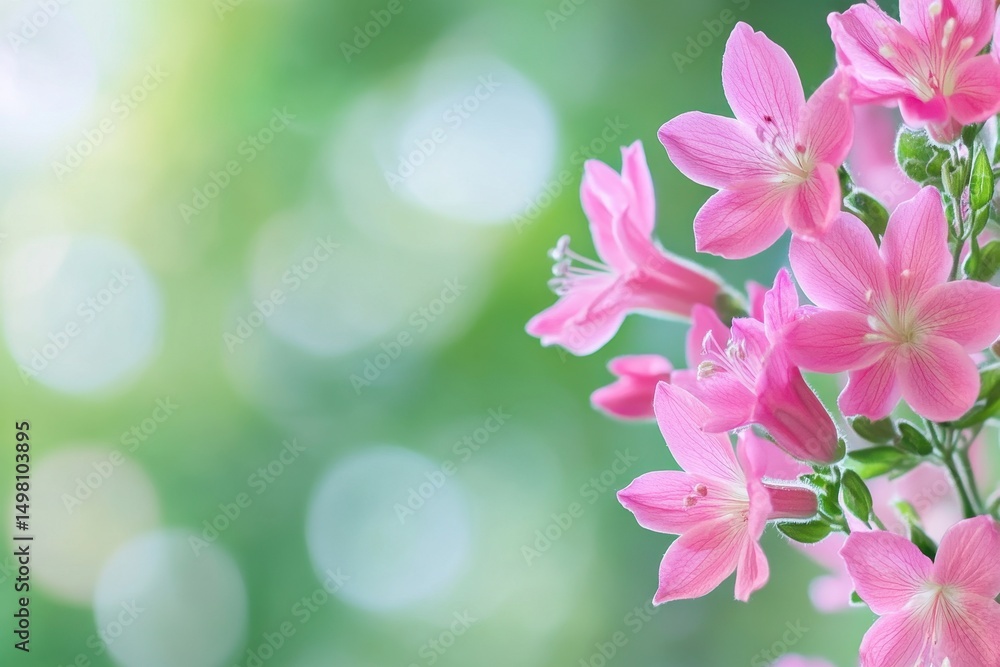 Beautiful pink flowers bloom vibrantly against a soft blurred green background, Beautiful pink flowers bloom against blurred green background Beautiful pink flowers bloom vibrantly against a soft blurred green background, Beautiful pink flowers bloom against blurred green background