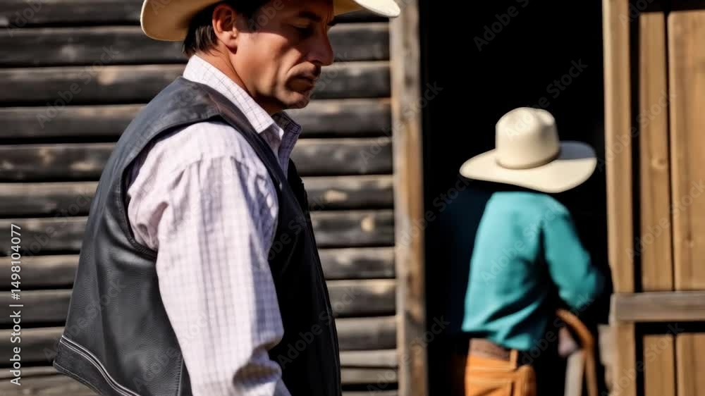 A cowboy wearing a wide-brimmed hat skillfully handles a lasso while interacting with livestock at the ranch A cowboy wearing a wide-brimmed hat skillfully handles a lasso while interacting with livestock at the ranch