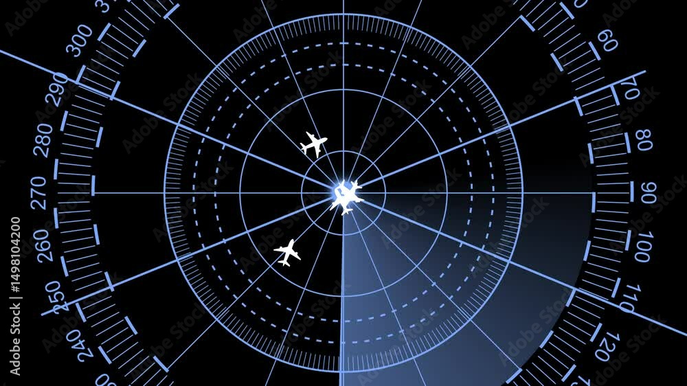 Air traffic control tower equipped with radar animation with a black background.