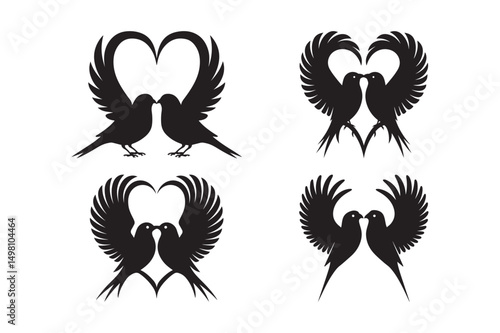 Love Birds Silhouette Vector Romantic Kissing Bird Heart Shape Clipart for Wedding and Valentine Designs