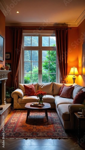 Cozy living room with warm lighting, comfortable furniture, and inviting decor, perfect for relaxation and unwinding after a long day ,  apartment,  residence,  style