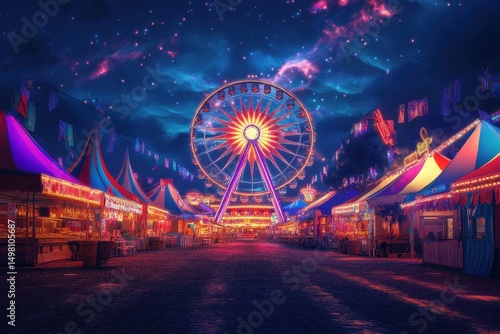 Colorful carnival lights illuminate a vibrant night sky with a giant ferris wheel at a festive fair, Colorful carnival at night with ferris wheel and vibrant tents under starry sky Festival concept
