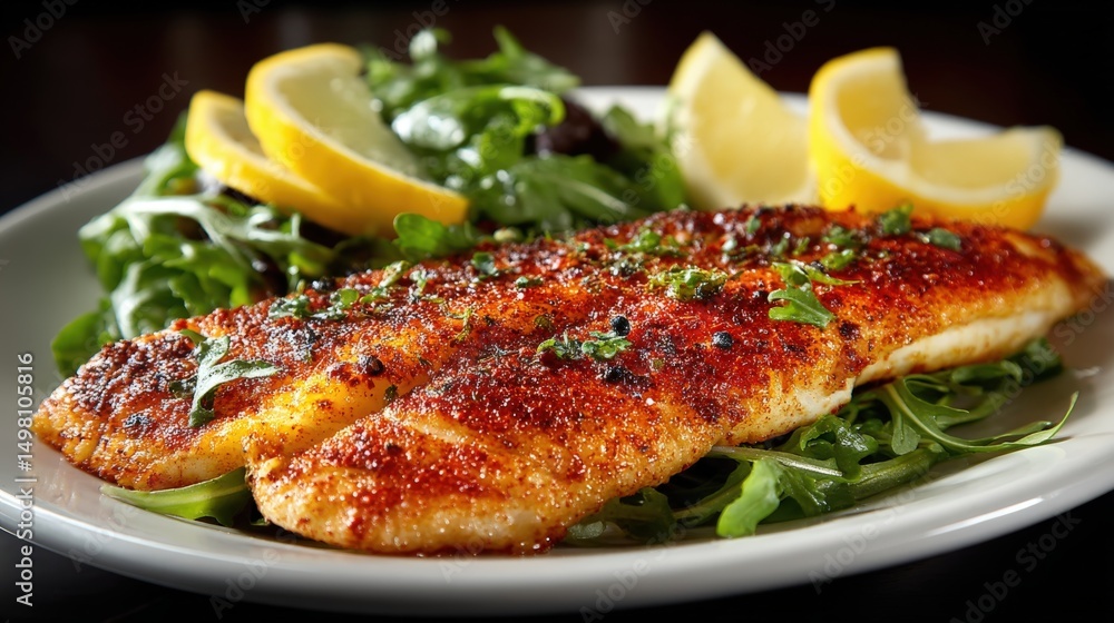 Baked fish fillet on a white plate with arugula and lemon slices Baked fish fillet on a white plate with arugula and lemon slices