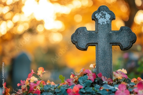 Cross Shaped headstone surrounded by autumn foliage in peaceful cemetery setting, Cross-shaped headstone in cemetery during autumn with flowers and blurred background