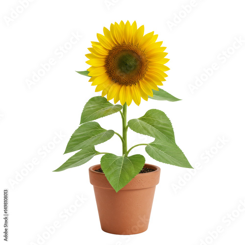 Sunflower growing in pot , sunflower plant in pot isolated on transparent background, PNG 