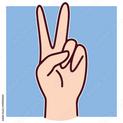 Hand gesture with two fingers raised in a classic peace or number two sign. Shown on a blue background in a clean vector style suitable for icons, education, or cultural symbolism