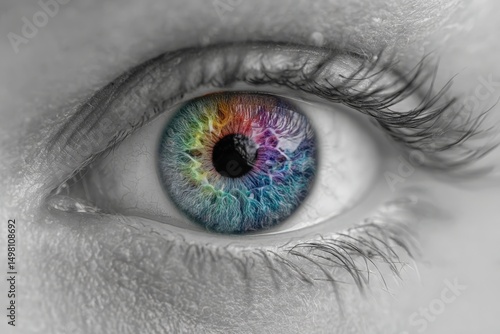 Close-up of a human eye with a colorful rainbow iris pattern