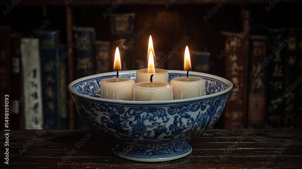 Four candles burn brightly in an antique blue and white porcelain bowl, set against a backdrop of aged books Four candles burn brightly in an antique blue and white porcelain bowl, set against a backdrop of aged books