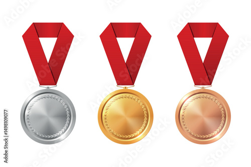 Gold Silver Bronze Medal Set Realistic Vector Icons with Red Ribbon for Winner Award, Achievement Badge, Prize Ceremony, Sport Competition Trophy, Champion Symbol Isolated on White