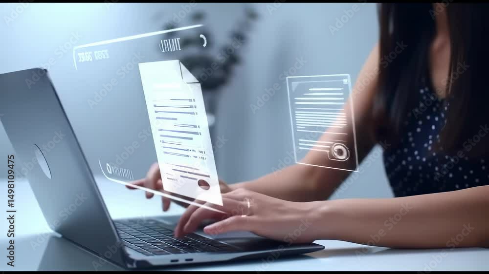 Woman interacts with holographic digital interface projected from laptop. Virtual documents float in transparent display. Modern technology enables paperless workflow and data analysis. Futuristic