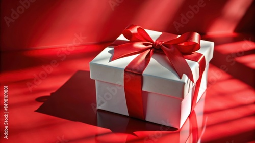 Wallpaper Mural A pristine white gift box adorned with a vibrant red satin ribbon, resting on a red surface, bathed in warm sunlight. Torontodigital.ca