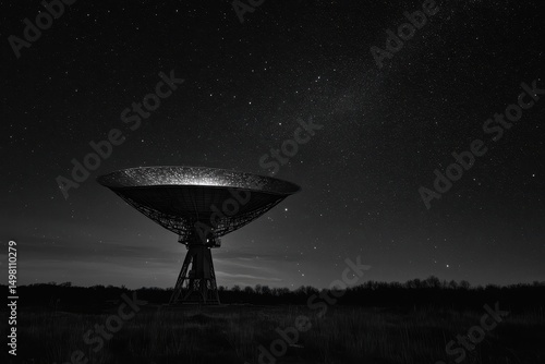 Giant radio telescope captures the night sky in search of cosmic signals, Giant radio telescope in landscape, oriented skyward, night sky study photo